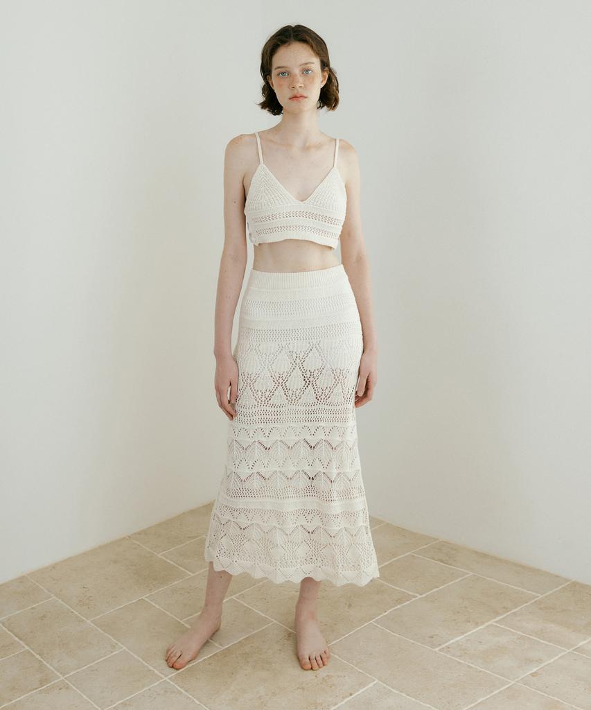 LUCIR ZU Weave Crochet Two-Piece (Top & Skirt) (Cream)