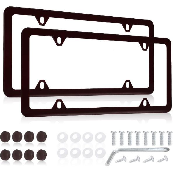 Black License Plate Frames, Stainless Steel, Car License Plate Holder with Screw Caps, Rattle Proof Pad Front Back License Plate Cover