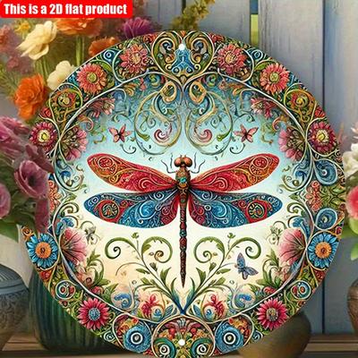 Plaque murale en bois 2D plate 20*20cm 1 pièce Motif libellule coloré, ronde avec un motif floral et insecte délicat pour la maison, le garage, le jardin et le café
