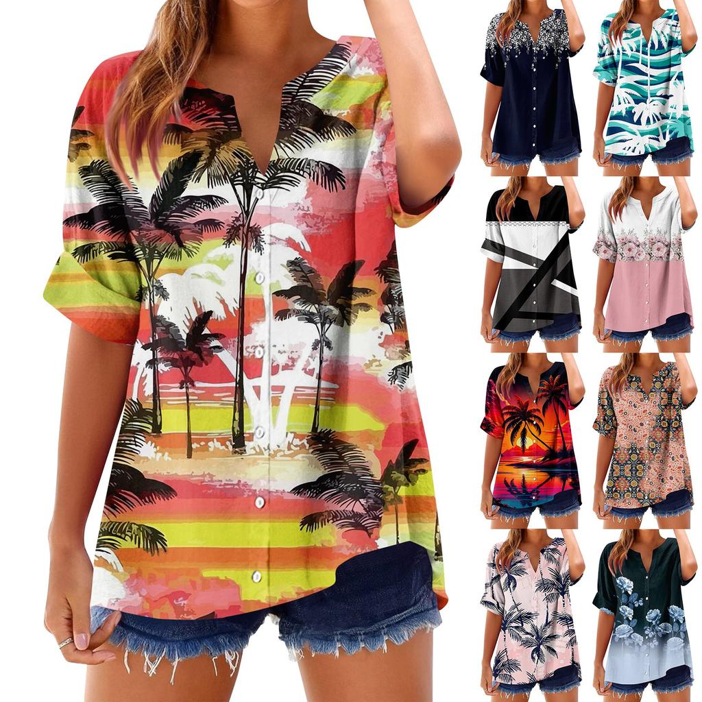 Women's loose printed stand collar short-sleeved cotton and linen top