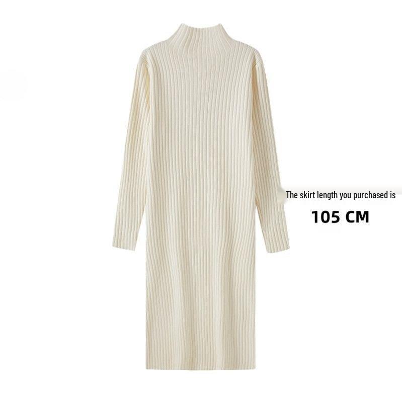 Women's Mid-Length Wool Knit Dress - Loose, Long Sleeve, Half-High Collar, Perfect for Layering Under Coats, Autumn & Winter Wear.