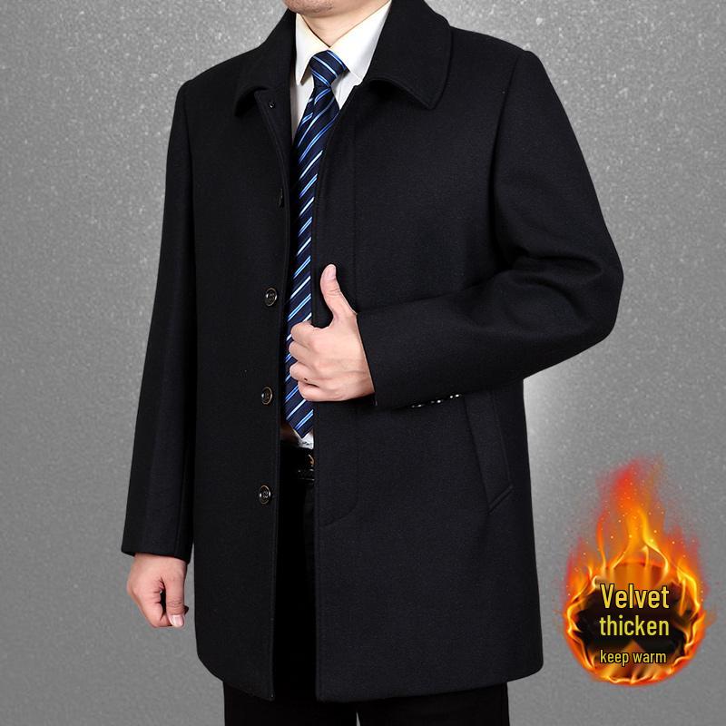 Men's Classic Wool Coat - Mid-Length, Thickened Cashmere for Autumn/Winter, Ideal for Middle-Aged & Elderly.