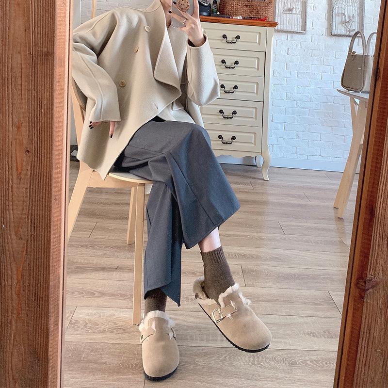 Ji platform Birkenstock shoes women's retro bag head half drag one pedal lazy shoes plush warm fluffy shoes soft sole