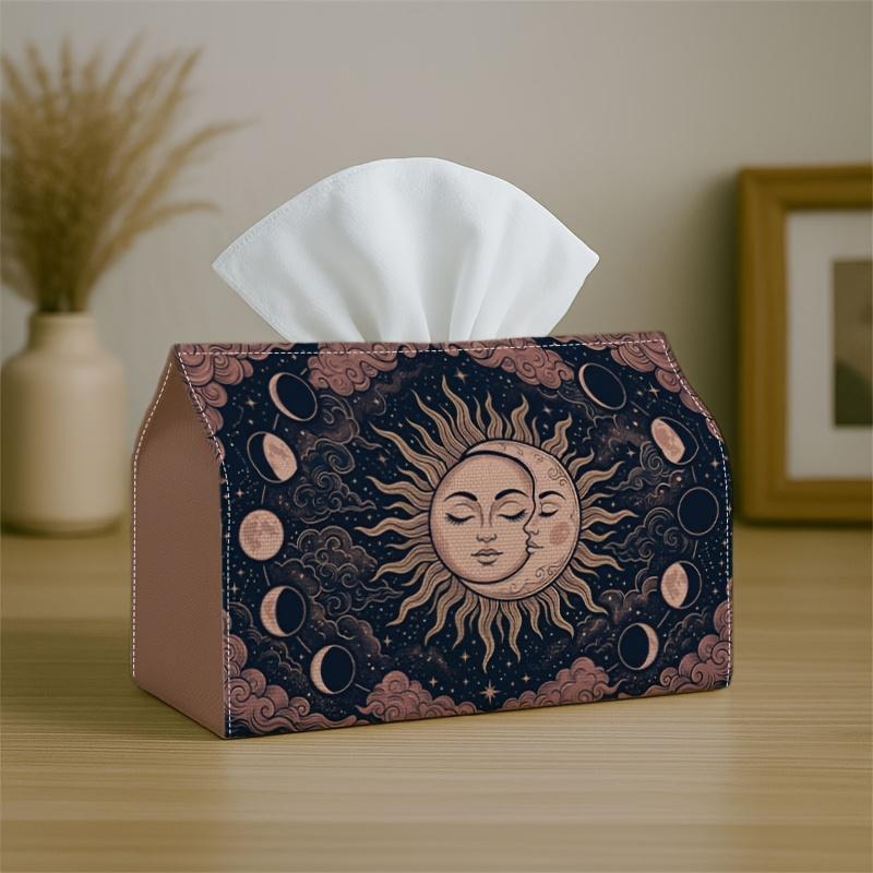 1pc Mystical Sun Moon Face Tissue Box with Dark Blue Golden Dreamy Art - Napkin Storage Organizer for Kitchen, Car, Elegant Decorative Box, Purpose Fo