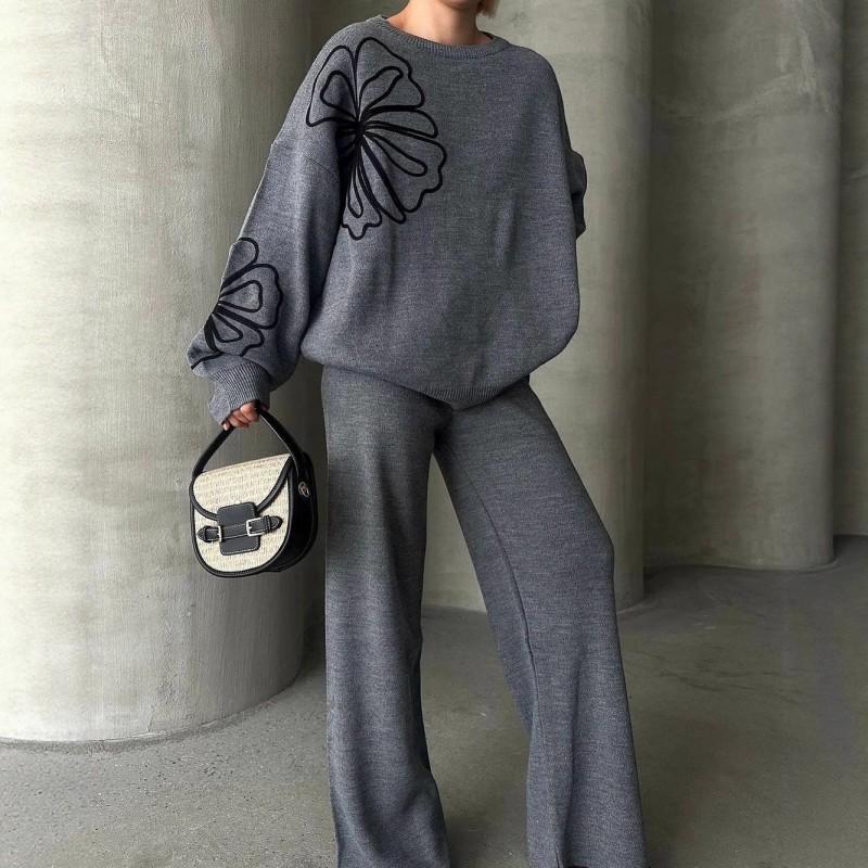 Suéter Suave de Cuello Redondo Top Casual Pantalones Anchos Holgados Traje de Dos Piezas