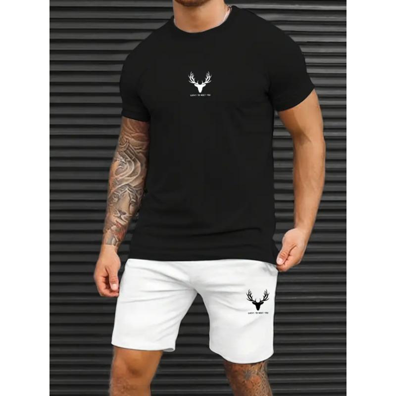 3D Wolf Print Blue Base Summer Men Short Sleeve Suit Short Sleeve Shorts 2 Pieces Casual Fashion Street Clothing