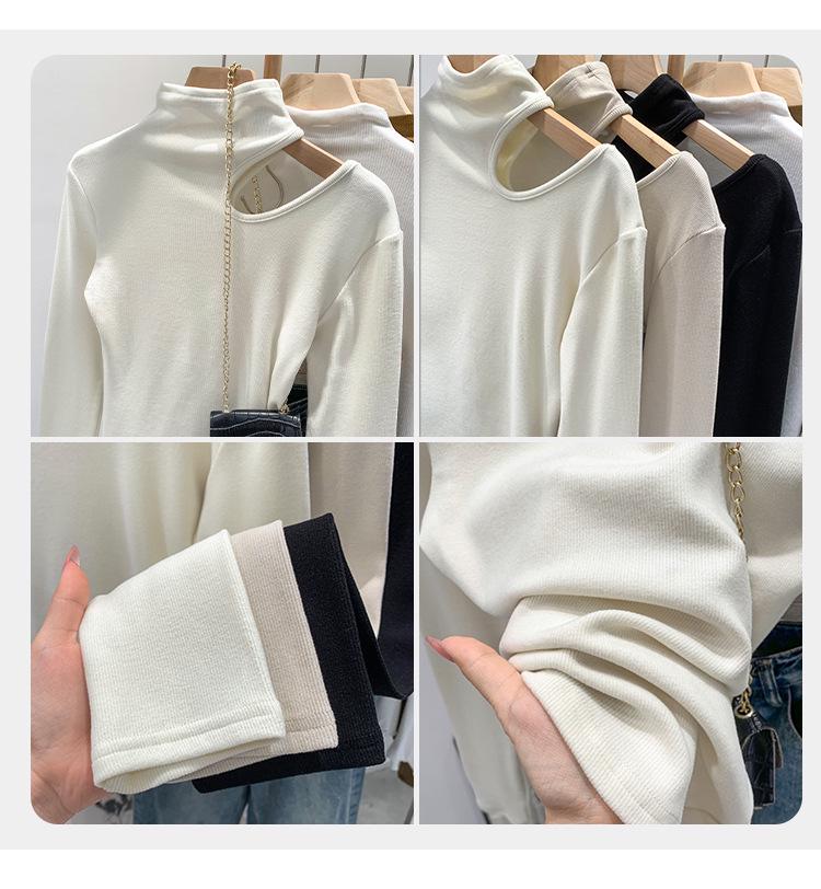 Koreanisches Schlank geschnittenes High-Neck-T-Shirt mit Aussparungen, weiß, langärmlig - Herbst/Winter 2025