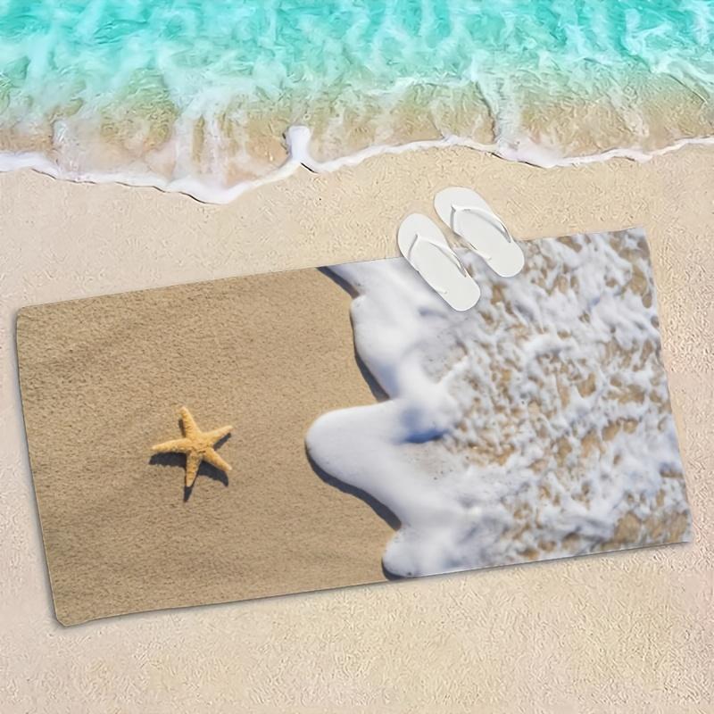 Summer Starfish Waves Pattern Beach Towel, Rectangular Quick Dry Absorbent for Beach Camping Outdoor Travel Vacation Fun