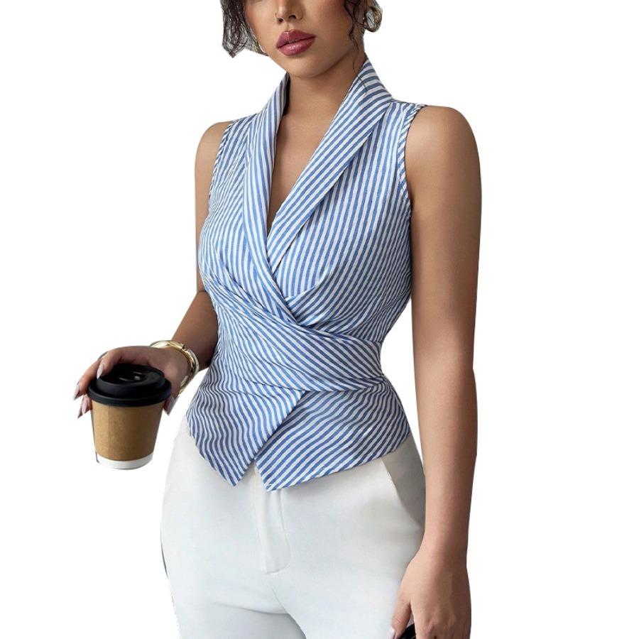 Blue Striped Sleeveless Shirt  Summer New Fashion Casual Strap Waist Slimming Vest Sleeveless Shirt