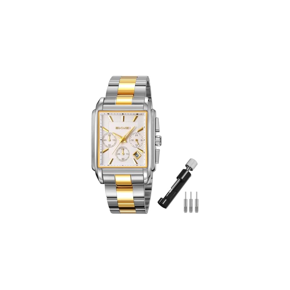 SKMEI Square Analog Chronograph Watch for Men Silver Stainless Steel Waterproof Business Casual