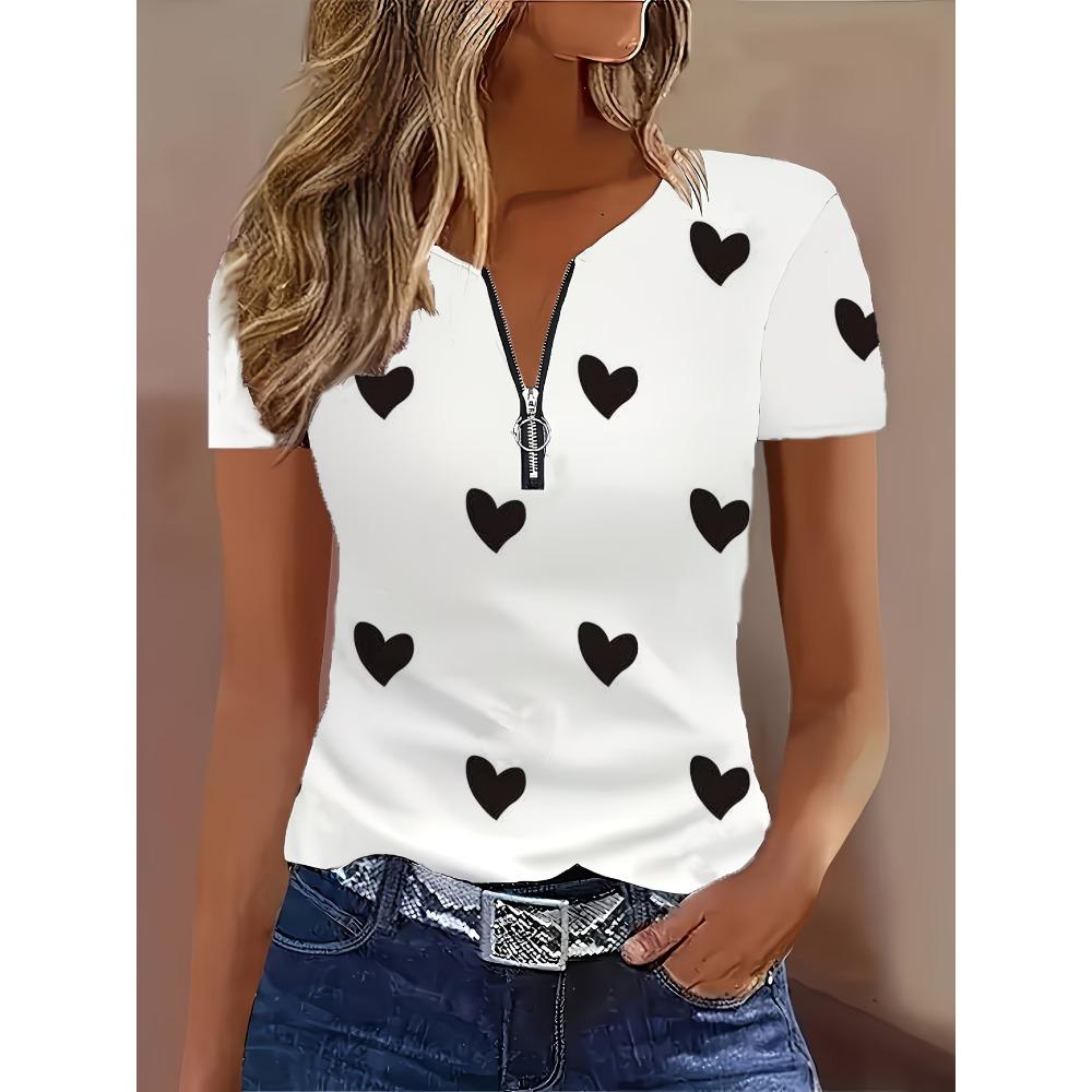 Summer Loose T-shirt Fashionable and Elegant Zipper V-neck Color Blocked Printed T-shirt Plus Size Women's Short Sleeved Shirt