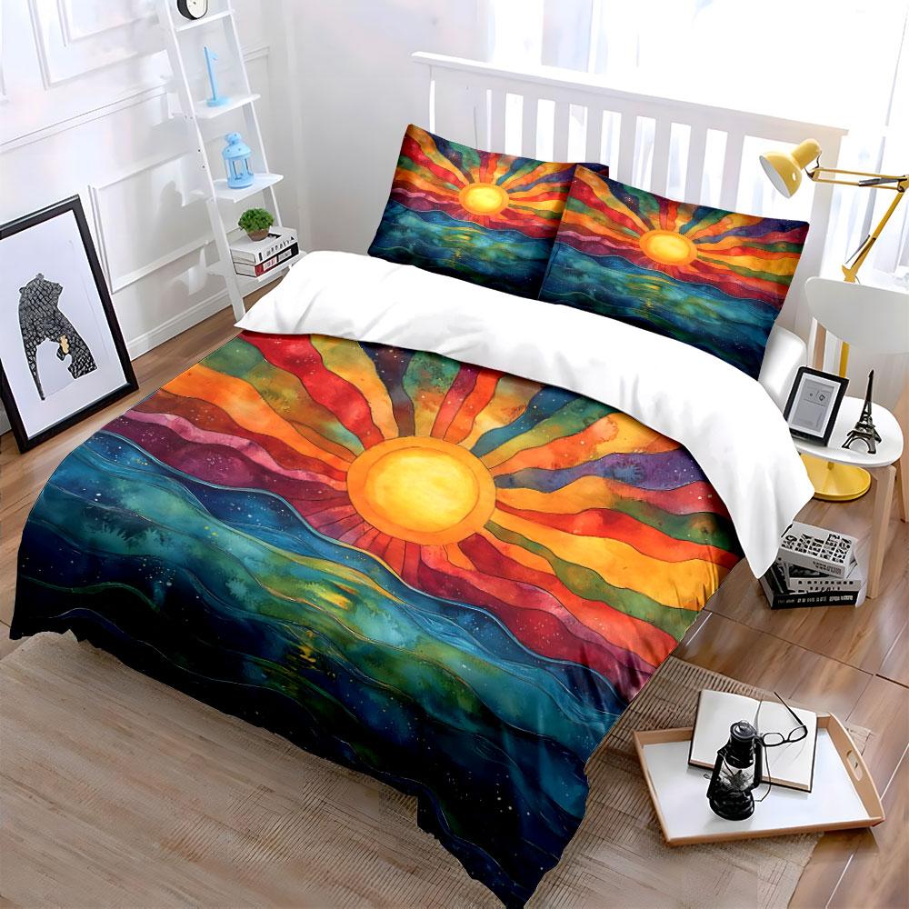 Colorful Sunrise Over Waves Bedding Duvet Cover Set Duvet Cover Pillowcases  (1*Duvet Cover 2*Pillowcases, Without Duvet Insert)