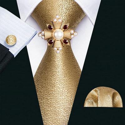 Barry.Wang Fashion Tie with Brooch for Men Paisley Woven Necktie Hanky Cufflinks Set Wedding Formal