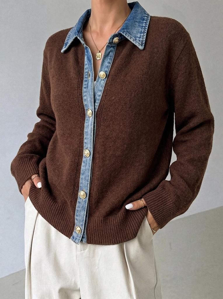 Denim splicing fake two-piece lapel knitted cardigan European, American autumn and winter loose women's long-sleeved top