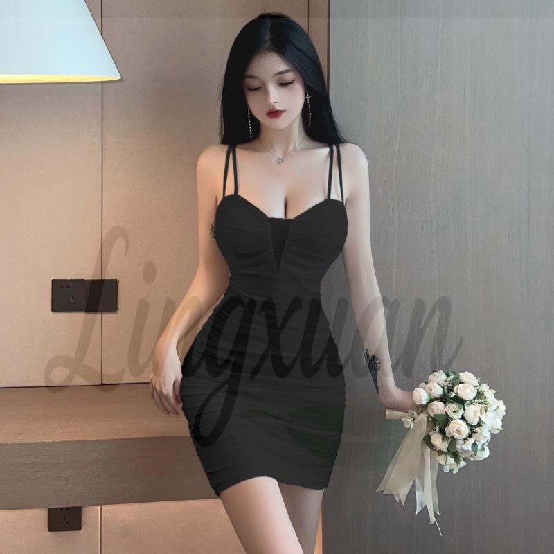 Built-in Padding Mini Dress: Pure Desire Style, Sexy Low-Cut, Spaghetti Strap, Ruched, Flaw-Covering, Slimming Bodycon Short Skirt
