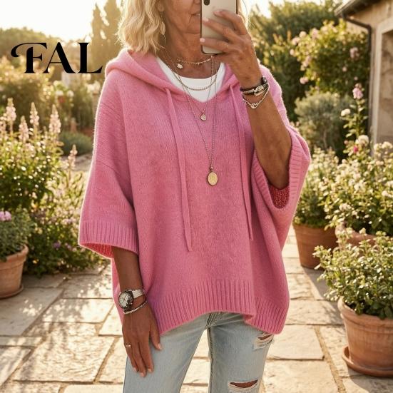 Women Winter Sweater Autumn Knit Pullover Sweater, Loose Fit Drawstring Hooded Casual 3/4 Sleeve Drop Shoulder Solid Color Long Tops