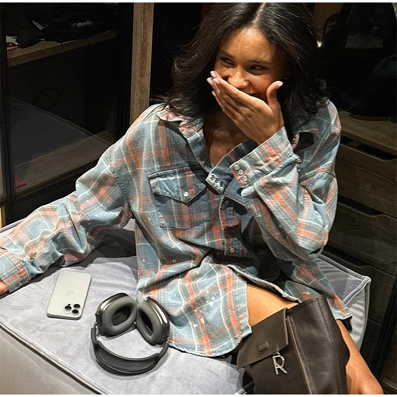 Blue Plaid Shirt Jacket Women's Spring Autumn 2025 New Elegant High-End Feel with Button Down The Front Female Casual Loose Blouses