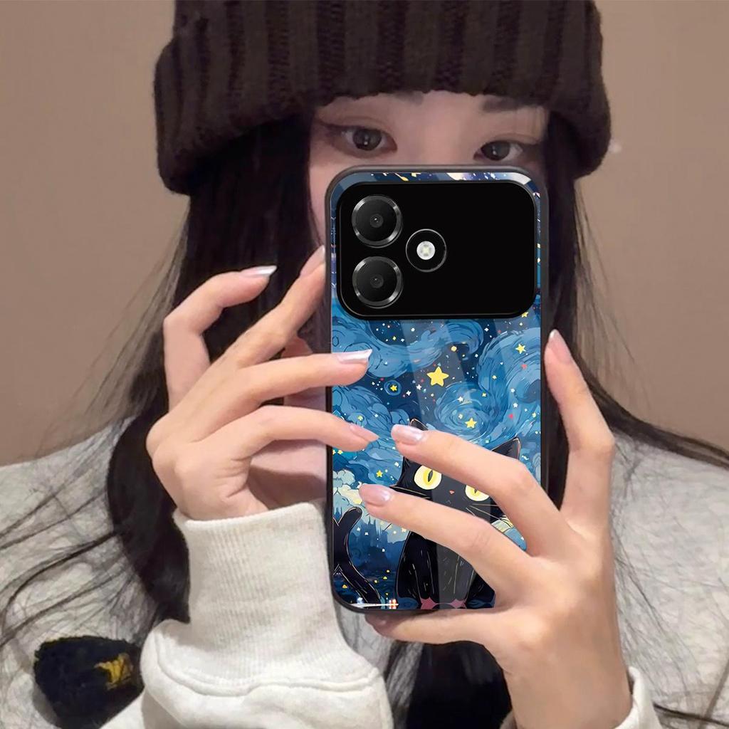 Case for OPPO A6c Anime Black Cat Starry Cloud Print Phone Cover Acrylic Hard Back Shell With Flexible TPU Edge