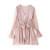 Kaslead New Women Clothes Western Style Simple V-neck Bell Sleeve Waist Hugging Ribbon Dress