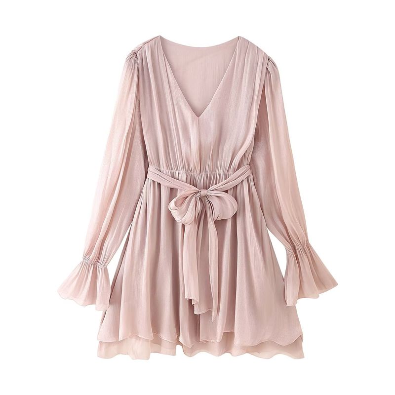 Kaslead New Women clothes Western Style Simple V-neck Bell Sleeve Waist Hugging Ribbon Dress