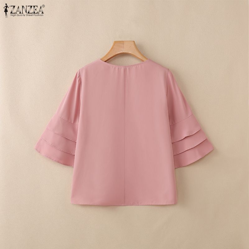 ZANZEA Women Casual Round Neck Solid Color Loose 3/4 Sleeve Blouse