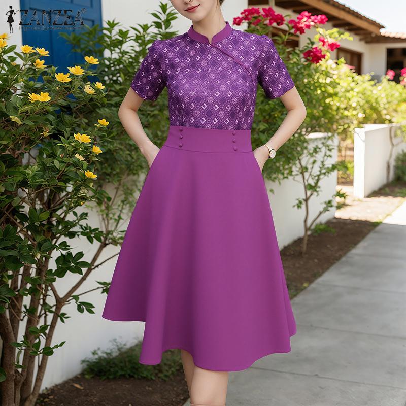 ZANZEA Damen Sommer Stehkragen Lässig Kurzarm Print Kleid