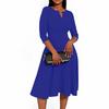 Women's A-Line Fit & Flare Skirt 3/4 Sleeves V-Neck Color Cocktail Wedding Guest Overalls With Pockets Dress