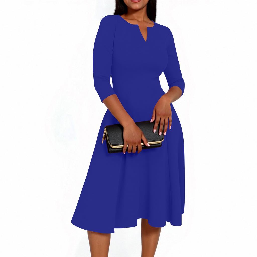 Women's A-Line Fit & Flare Skirt 3/4 Sleeves V-Neck Color Cocktail Wedding Guest Overalls With Pockets Dress