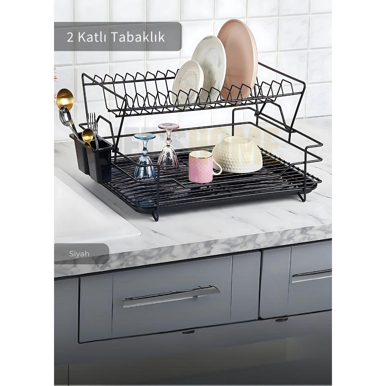 

2 Katlı Bulaşıklık Çelik Tezgah Üstü Tabaklık BPA FREE Bulaşık Sepeti Kurutmalık Siyah