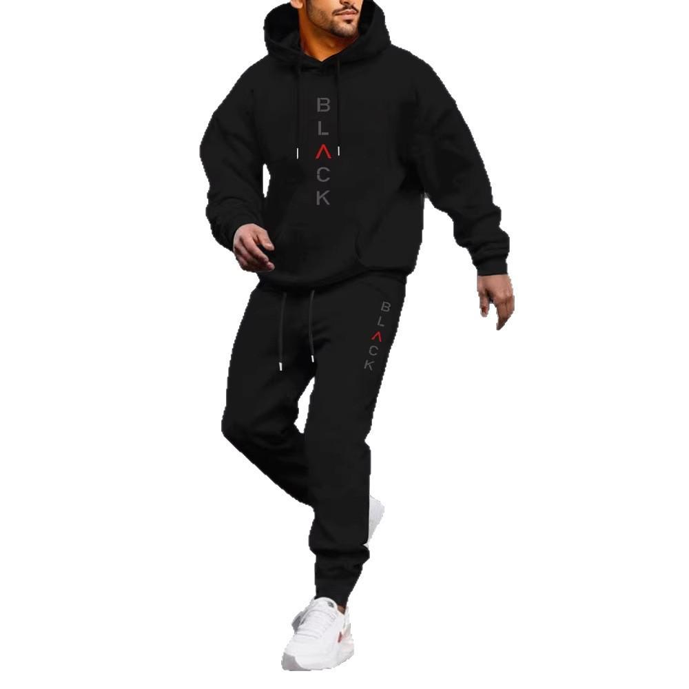 Black Retro Letter Print Men's 2-Piece Set: Hoodie Sweatshirt & Jogging Sweatpants for Winter
