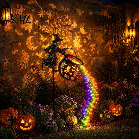 Glowing Yard Art for Halloween Witch Cauldron Light, Flying Silhouette Garden Stake with Colorful Landscape Lighting LED, Spooky Outdoor Decorative