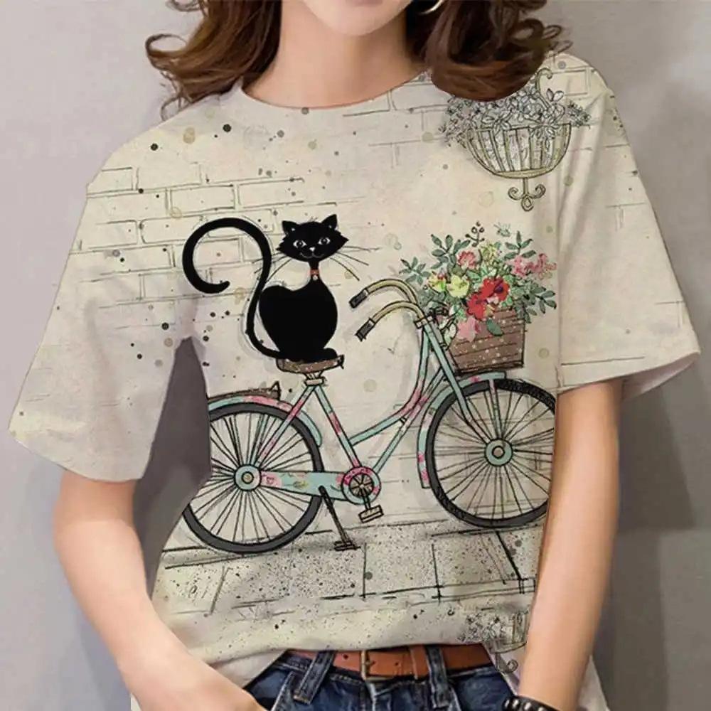 Women's Cat Print T-Shirt, Cute Short-Sleeve Summer Top, Breathable Casual
