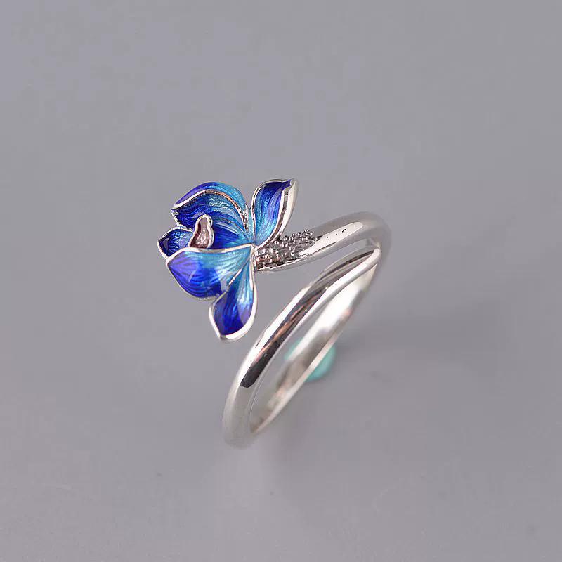 Retro Thai Silver Blue Enamel Lotus Flower Adjustable Rings For Women Fashion New Jewelry Gift Party Wholesale anillos