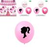 Barbie-Puppe Themen Lila Geburtstagsfeier Dekorationsset Mit Cartoon-Flaggen, Latexballons Und Kuchenaufsätzen