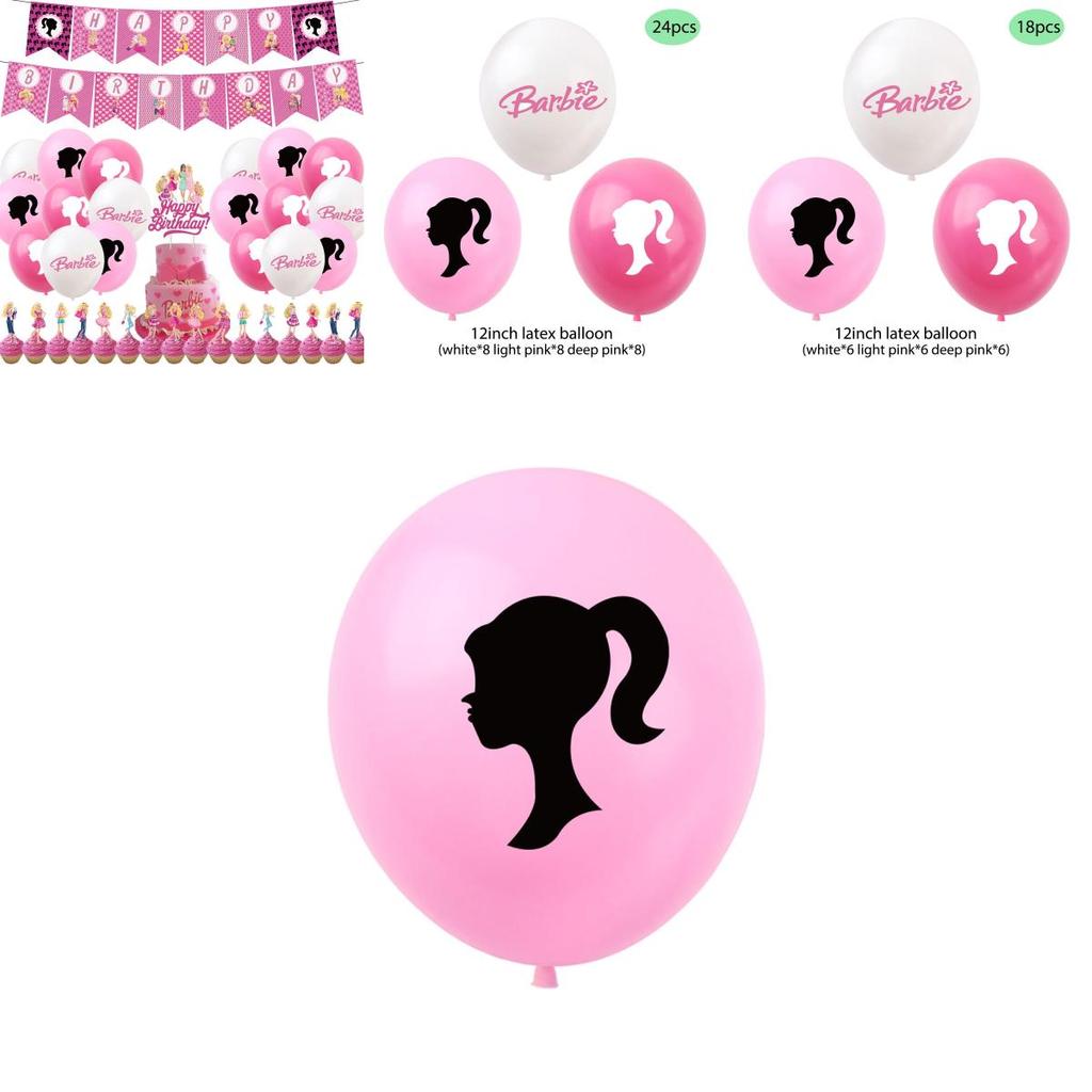 Barbie-Puppe Themen Lila Geburtstagsfeier Dekorationsset Mit Cartoon-Flaggen, Latexballons Und Kuchenaufsätzen