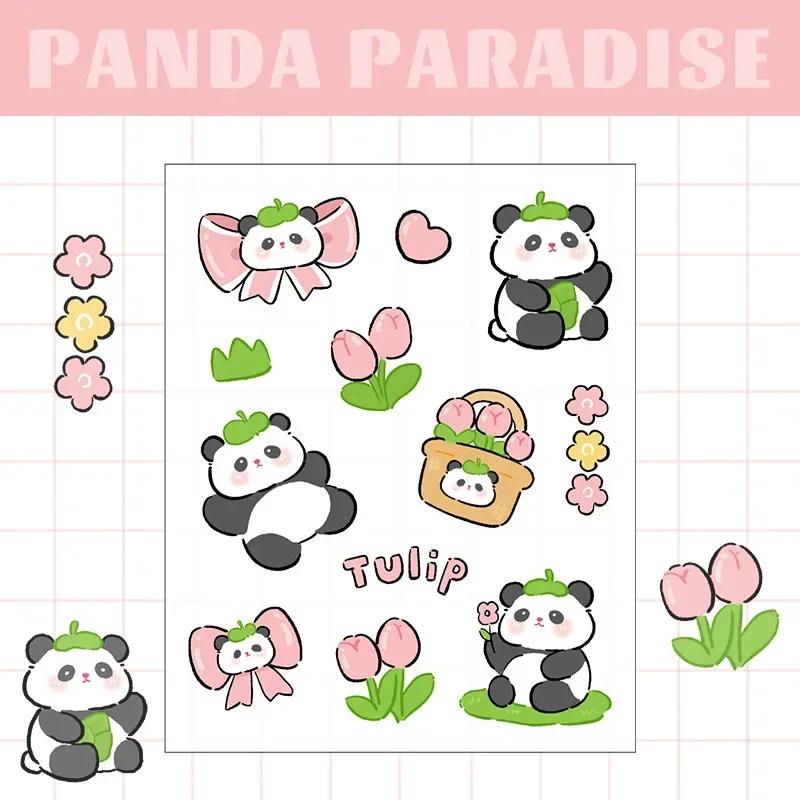 10 Sheets Cartoon Panda Stickers PET Transparent Sticky Decoration DIY Cups Diary Planner Stickers for School Gift Kids Girl