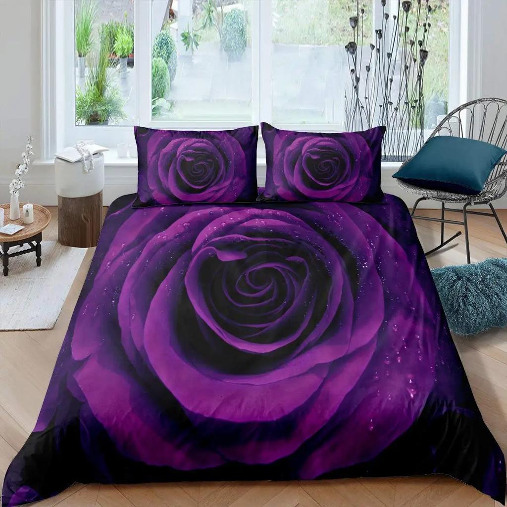Purple Rose King Queen Duvet Cover Beautiful Butterflies Flowers Bedding Set For Teen Adults Floral 2/3Pcs Polyester Quilt Cover