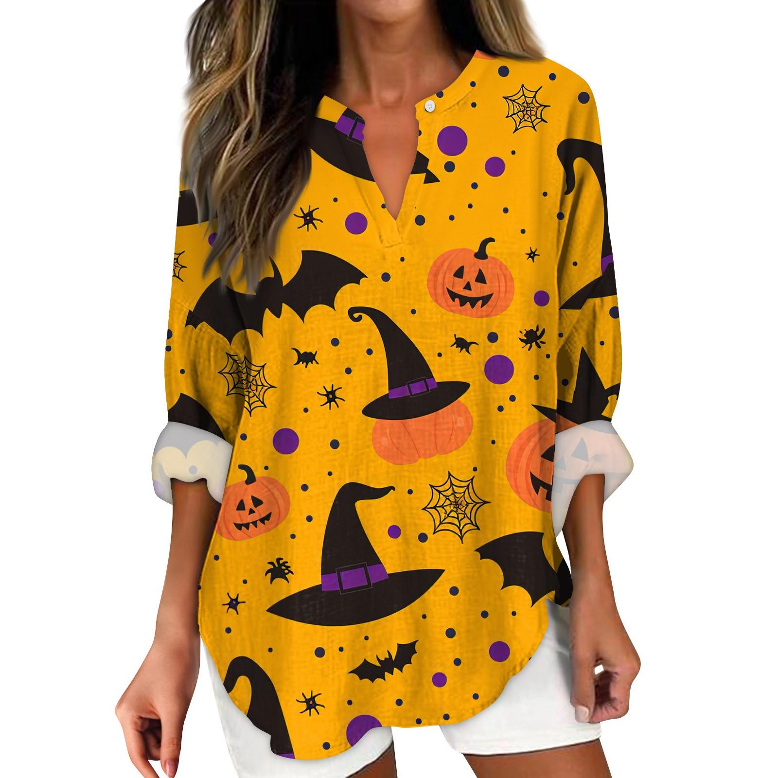 

Женские модные повседневные женские топы с v-образным вырезом и заниженными плечами и принтом на Хэллоуин L шафрановый