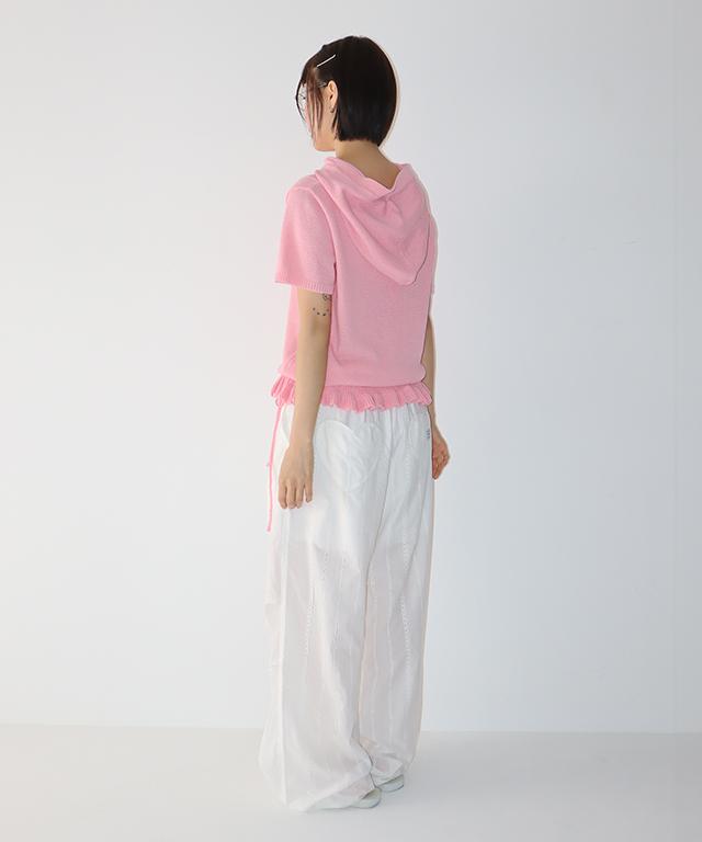 RONRON Button Hooded Frill Half Sleeve Knit Soft Pink
