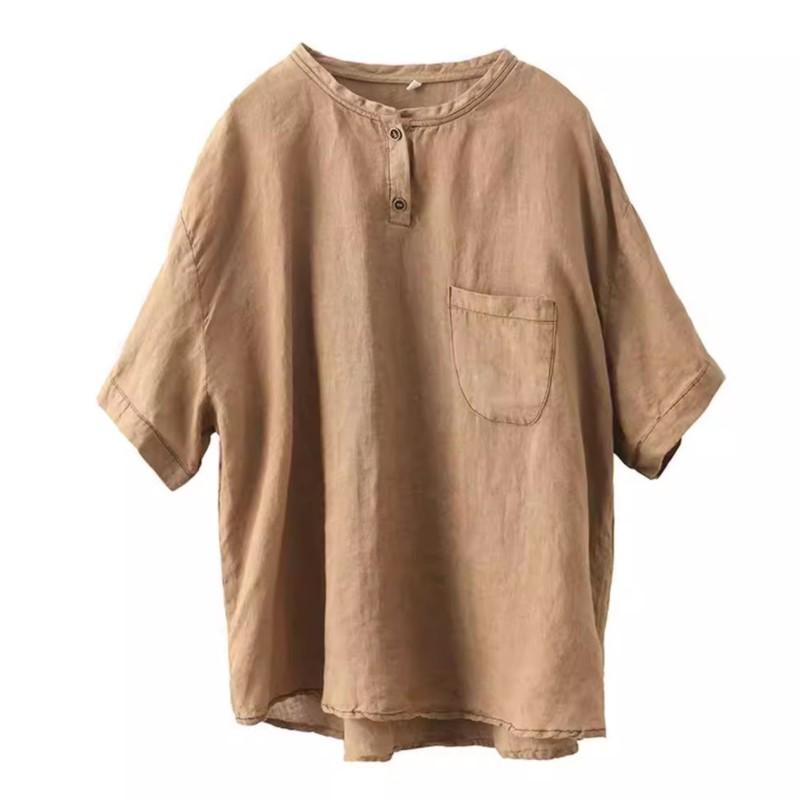 Johnature Women Vintage Patchwork Pockets T-Shirts O-Neck Short Sleeve Solid Color Summer Loose Casual T-Shirts