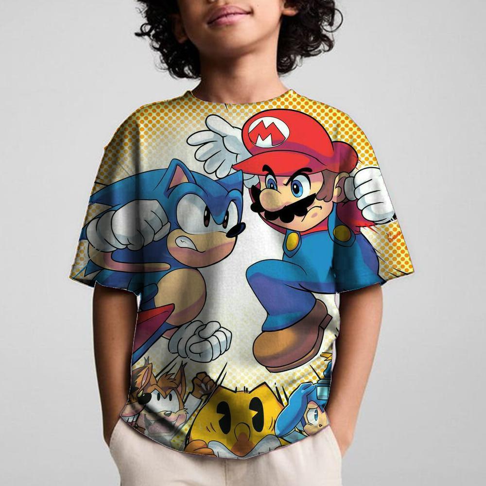 Round Neck 3D Cartoon Sonics Printed Casual Short Sleeved Children's Boy T-shirts - Soft Medium Stretch Polyester Fabric Summer Relaxed Fit Clothing