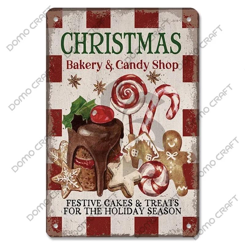 Retro Christmas Decor Vintage Metal Tin Sign with Cake Music Box Christmas Tree for Bakery Candy Shop Home Wall Art