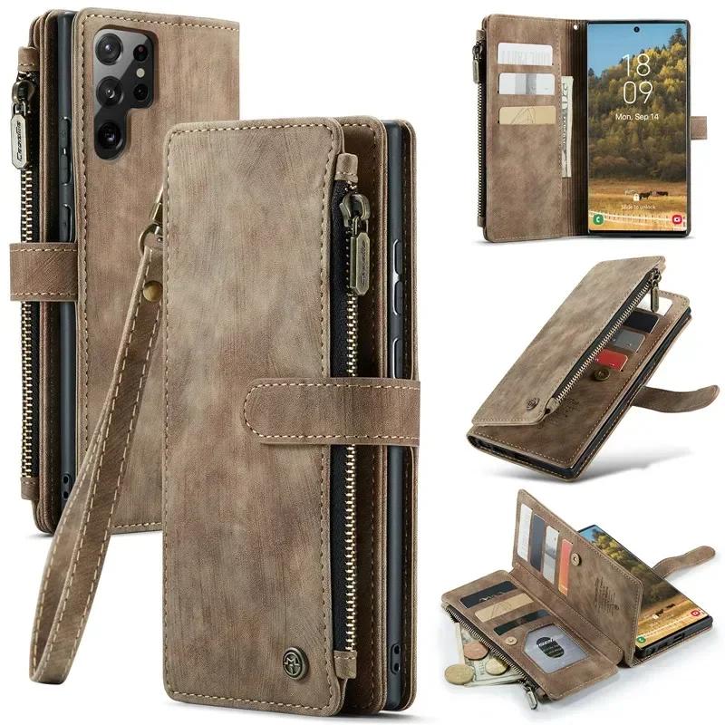 CaseMe Flip Leather Phone Case For Samsung Galaxy S26 Ultra S25 Edge S24 FE S23 S22 S21 S20 Plus S10 Note 20 Ultra Zipper Wallet Card Bag Cover Coque
