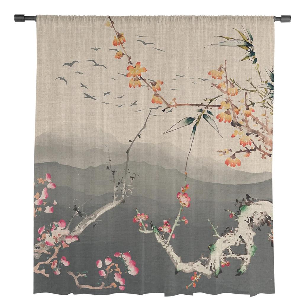 Chinese Painting Plum Blossom Landscape Sheer Curtains for Living Room Bedroom Kids Room Tulle Window Treatment Drapes