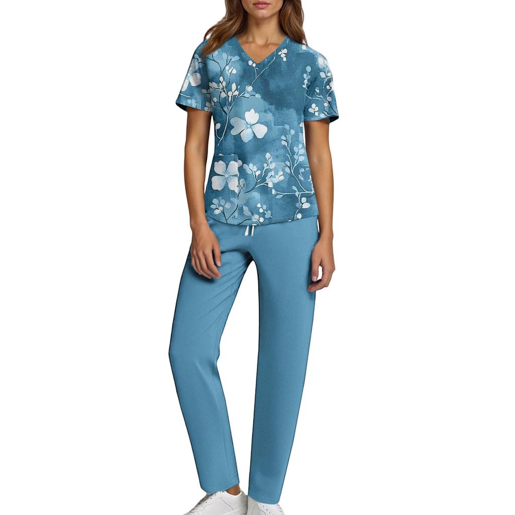 Bedruckte Oberteile für die Arbeitsuniform in Übergröße für Damen, V-Ausschnitt, Halloween-Aufdruck, kurzärmliges Fun-T-Shirt, Workwear-T-Shirt mit Taschen