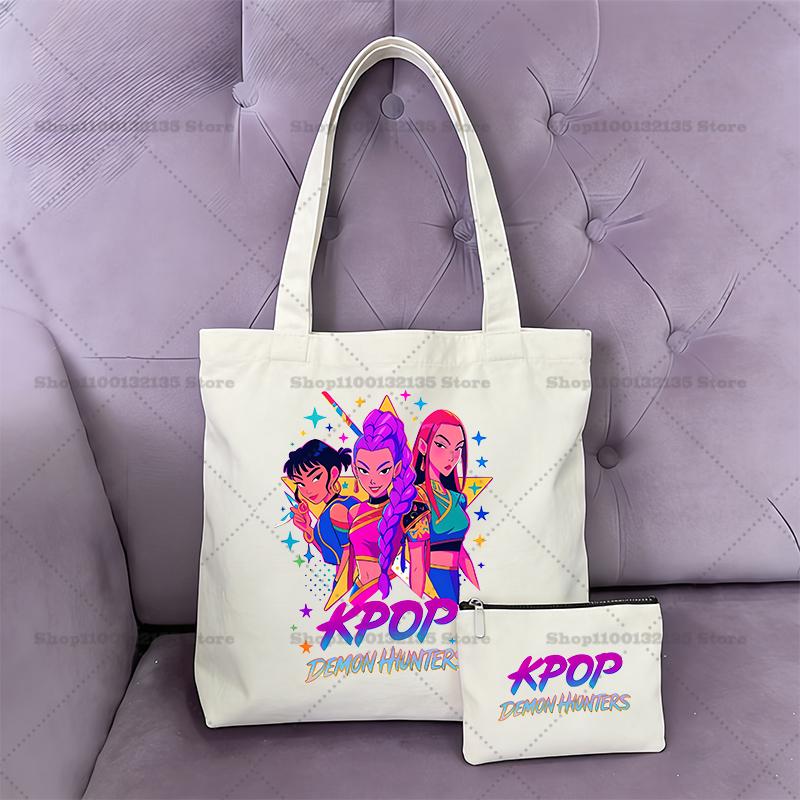 2pcs KPop Demon Hunter Handbag Coin Purse Girl Bag Shopping Canvas Shopper Tote Wallet Shoulder Lady Bags Women Gift Kid Friendly Entertaining Fun