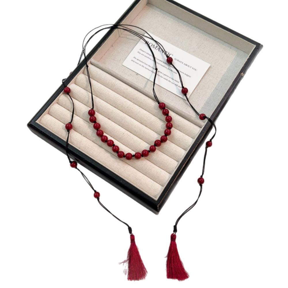 Fashion Personality Red Glass Bead Beaded Tassels Necklace for Women Retro Ethnic Double-layer Fold Wear Sweater Chain Jewelry