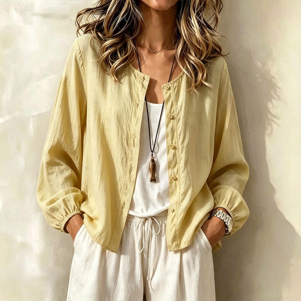 Damen Boho Baumwoll-Leinen-Bluse mit Spitzenbesatz für den Urlaub