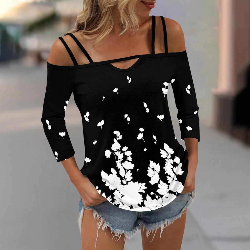 T-shirt imprimé pour femme, haut à épaules dénudées, manches 3/4, sexy, tendance, haut régulier