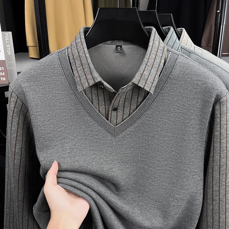 Firstview Men's Winter Fleece-lined Faux Two-Piece Printed Long-Sleeved Base Shirt